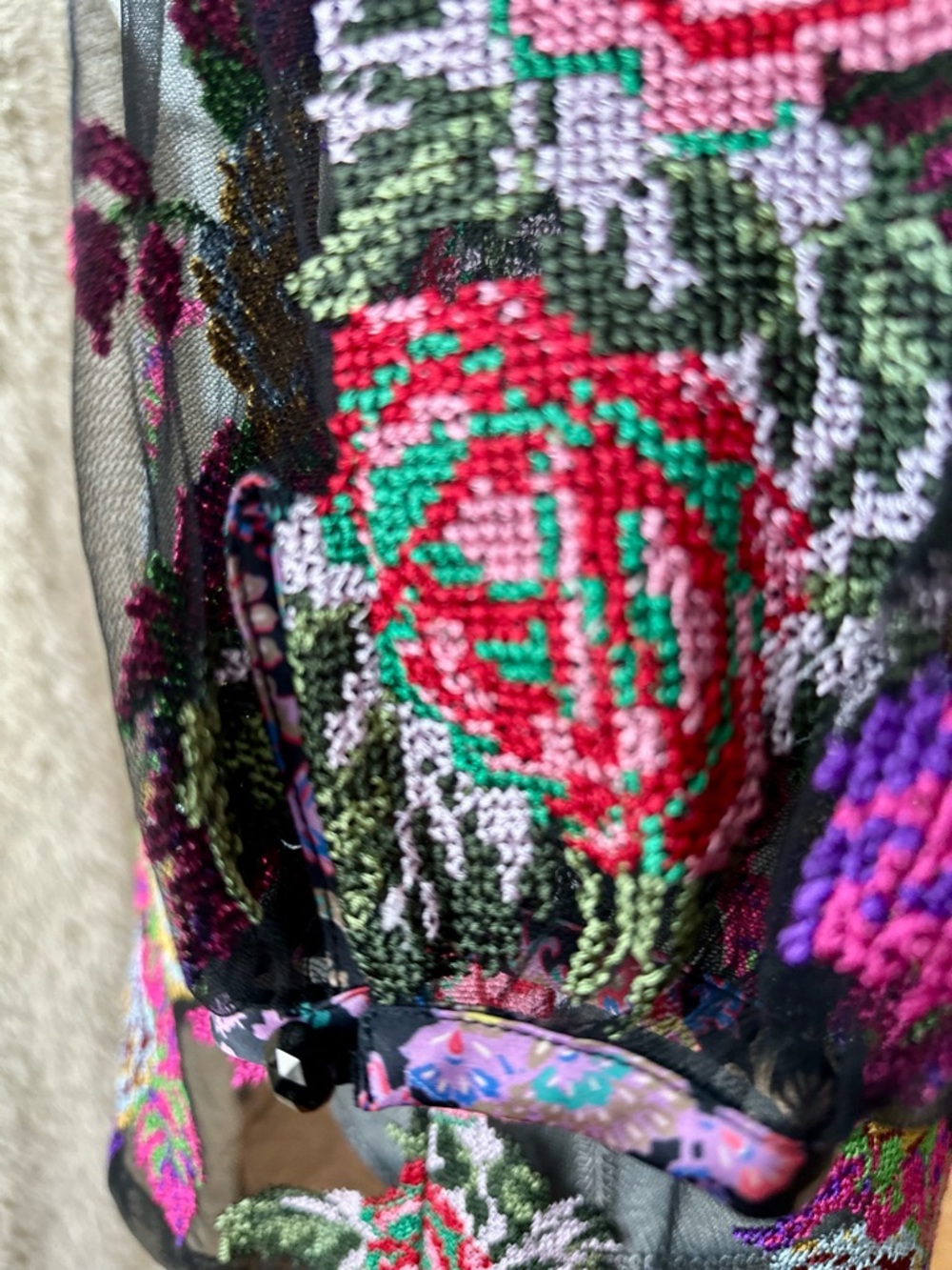 Anna Sui Sheer Black Floral Beaded Blouse with Ribbon Tie - Picture 8 of 15